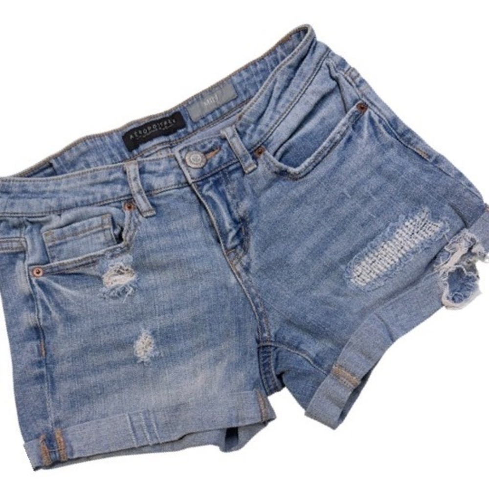 Aeropostale Midi Denim Shorts Womens Size 0  Light Wash Distressed Rolled‎ Cuff